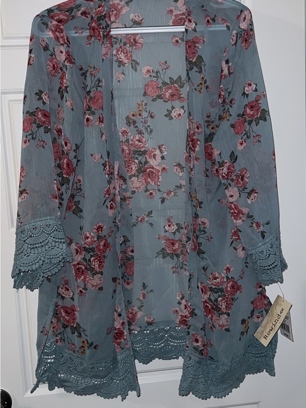 Rewind Dusty Blue Floral Lace-Trim Kimono